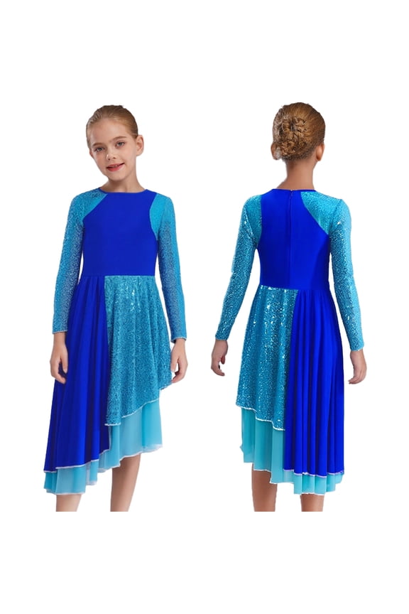 Kids Girls Contemporary Latin Jazz Leotard Dress Gymnastics Ballerina Outfit Ballet Dance Skirted Blue 10