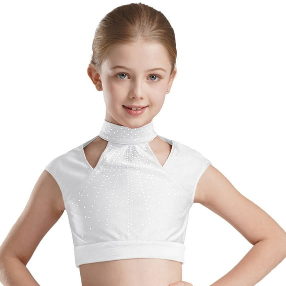 iixpin Kids Girls Crop Top for Jazz Dance Performance Athletic Figure Skating Tank Vest Gymnastics T-Shirts White 6