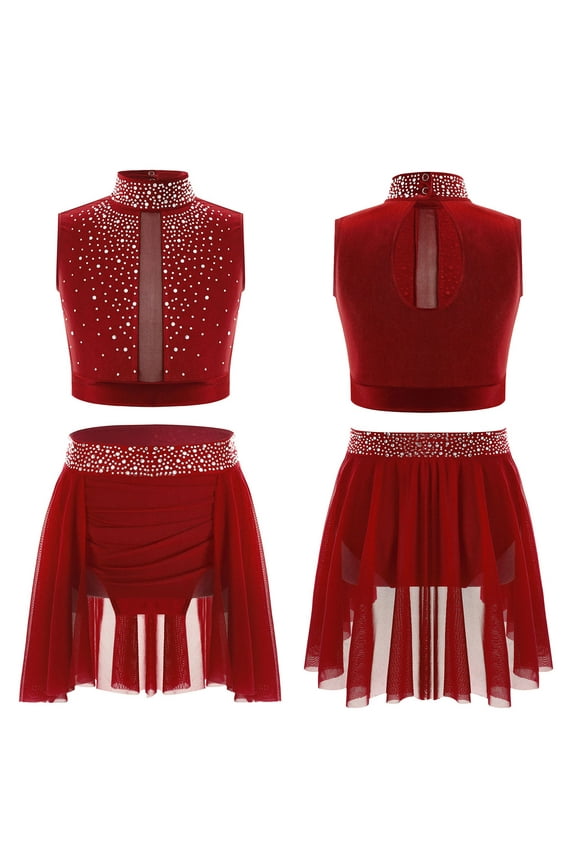 Kids Girls Crop Top with Irregular Hem Skirts 2-Piece Dance Costume Lyrical Ballet Dance Outfits Burgundy 10