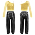 thumbnail image 1 of iixpin Kids Girls Dance Costume 2 Piece Hip Hop Jazz Outfits One Shoulder Crop Top with Jogger Pants Dancewear Gold&Black 10, 1 of 6