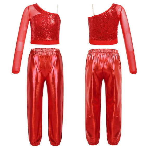 iixpin Kids Girls Dance Costume 2 Piece Hip Hop Jazz Outfits One Shoulder Crop Top with Jogger Pants Dancewear Red 16