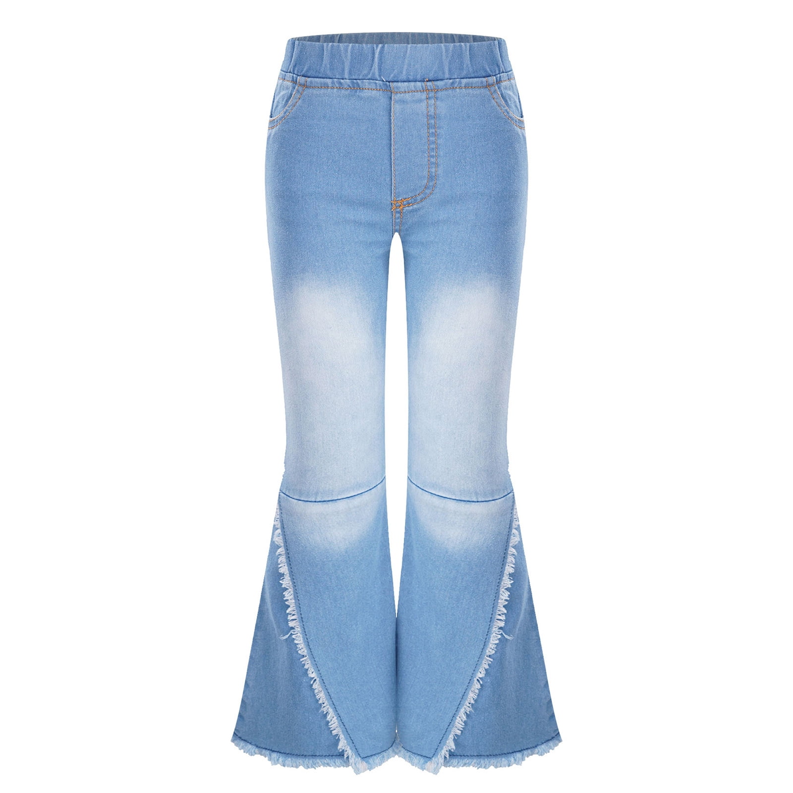 NABER Kids Girls Ripped Jeans - Elastic Waist Wide Leg Denim Pants, Washed Blue, Ages 5-15 Years