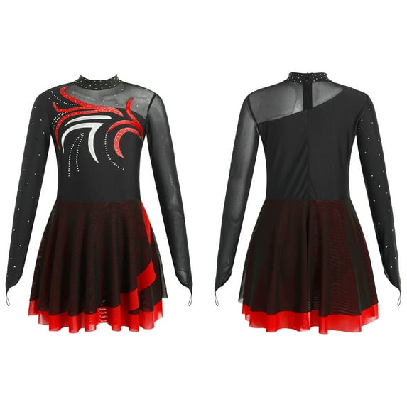 iixpin Kids Girls Figure Ice Skating Dress Long Sleeve Ballet Dance Dress Gymnastics Tutu Skirted Leotard Red 10