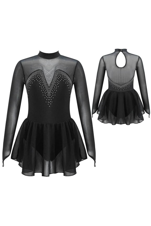 Kids Girls Figure Ice Skating Dress Shiny Rhinestone Ballet Dance Leotard Competition Performance Costume Black 10