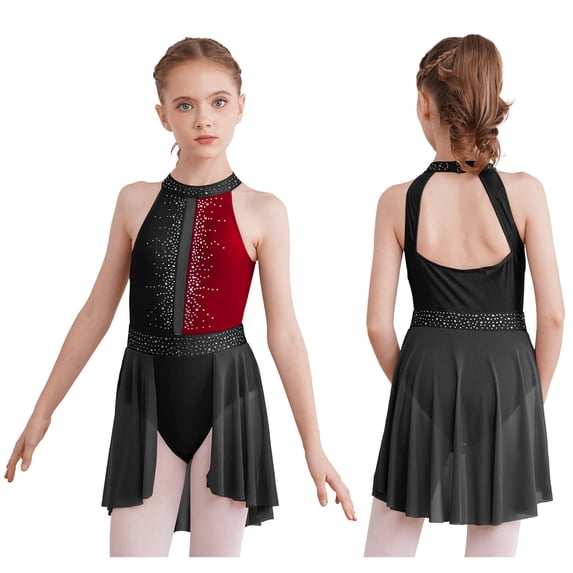 iixpin Kids Girls Figure Ice Skating Dress Sleeveless Ballet Dance Gymnastic Tutu Leotard Performance Competition Costume Black&Burgundy 12