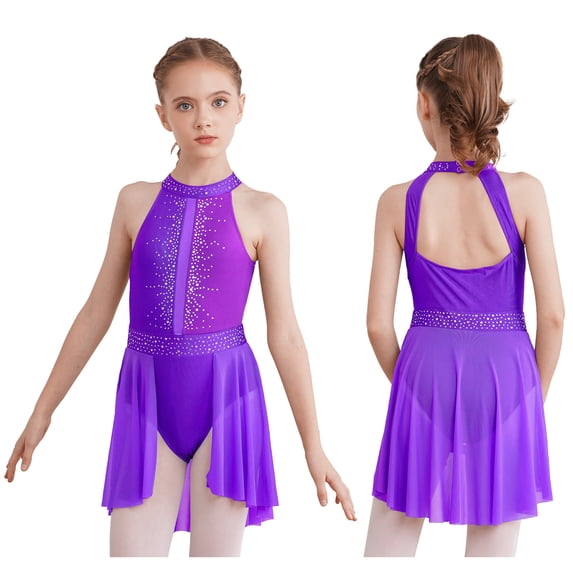iixpin Kids Girls Figure Ice Skating Dress Sleeveless Ballet Dance Gymnastic Tutu Leotard Performance Competition Costume Purple 16