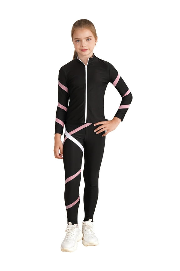 Kids Girls Figure Ice Skating Gym Training Suit Skating Jacket with Leggings 2 Pcs Set Pink 10