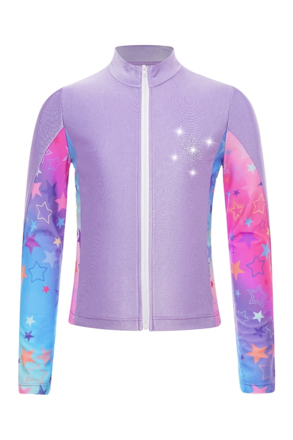 Kids Girls Figure Ice Skating Long Sleeve Jacket Sparkly Rhinestone Gymnastic Training Coat Purple 8