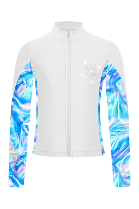Kids Girls Figure Ice Skating Long Sleeve Jacket Sparkly Rhinestone Gymnastic Training Coat White 4