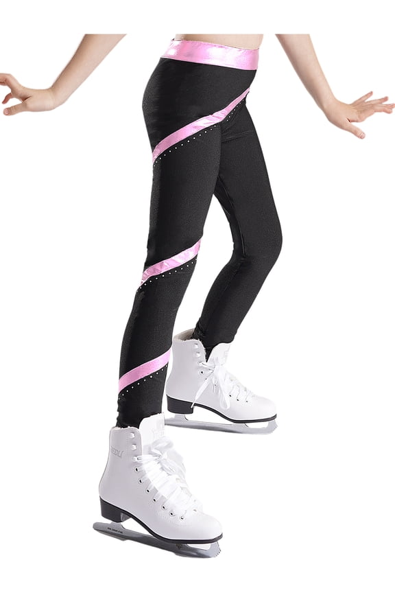 Kids Girls Figure Ice Skating Pants Training Practice Skating Leggings Spiral Tight Pants Pink 16
