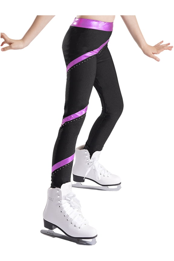 Kids Girls Figure Ice Skating Pants Training Practice Skating Leggings Spiral Tight Pants Purple 16
