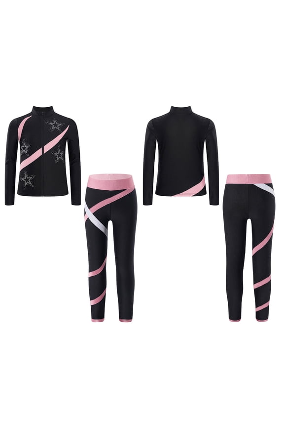 Kids Girls Figure Skating Training Suit Long Sleeve Sweatshirt with Leggings Pants Set Skating Wear Pink 12