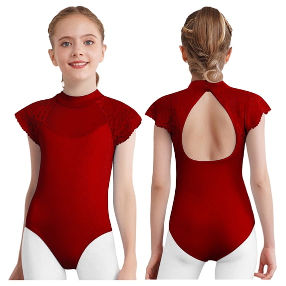 iixpin Kids Girls Floral Lace Sleeve Ballet Dance Unitard Gymnastics Leotard Sports Jumpsuit Bodysuit Dancewear Burgundy 13-14