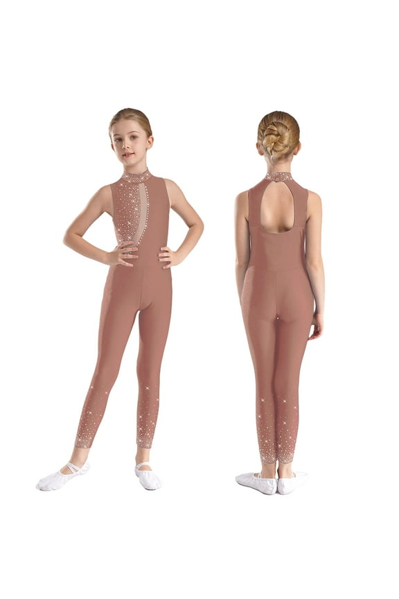 Kids Girls Full Length Unitard Sleeveless Gymnastics Leotard Jumpsuit Shiny Rhinestone Catsuit Dusty Pink 14