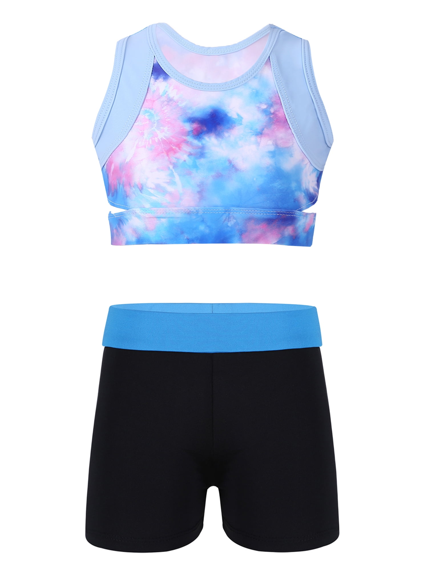 iixpin Kids Girls Gym Exercise Workout Shorts Set TieDye Crop Tank Top