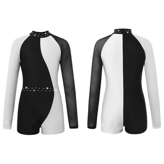 iixpin Kids Girls Gymnastics Leotards Mesh Long Sleeve Dance Unitard Activewear Zipper Closure Back Bodysuit Black&White 14
