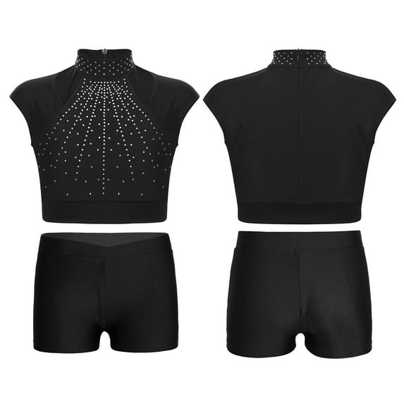 iixpin Kids Girls Gymnastics Workout Set Sport Crop Top with Athletic Shorts Yoga Tracksuit Ballet Dance Outfit Black 10