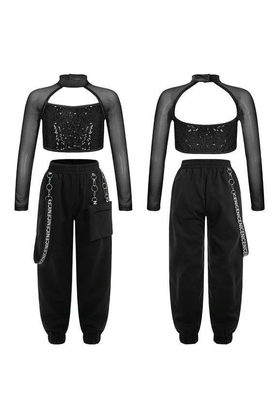 Kids Girls Hip Hop Clothes 2 Piece Outfits Sequin Long Sleeve Crop Tops Cargo Pants Set Jazz Street Dancewear Black 16