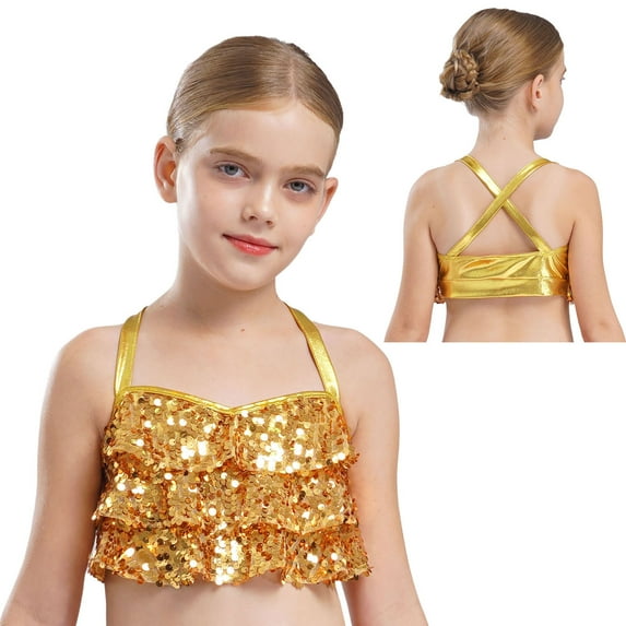 iixpin Kids Girls Hip Hop Dance Shirt Sparkle Sequins Sleeveless Halter Crisscross Back Metallic Crop Tops Gold 16