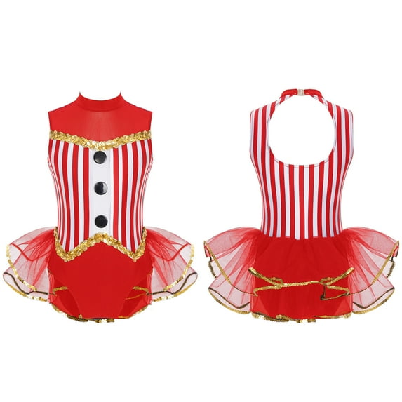 iixpin Kids Girls Jazz Dance Dress Sequin Stripe Leotard Halloween Performance Costume Circus Ringmaster Cosplay Red 12