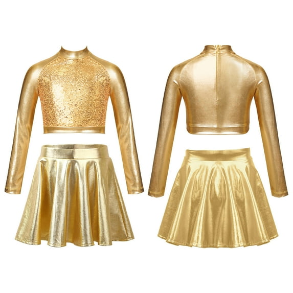 iixpin Kids Girls Jazz Hip Hop Dance Outfits Sequin Crop Tops with Skirt Set Cheerleading Costume for Performance Gold 10