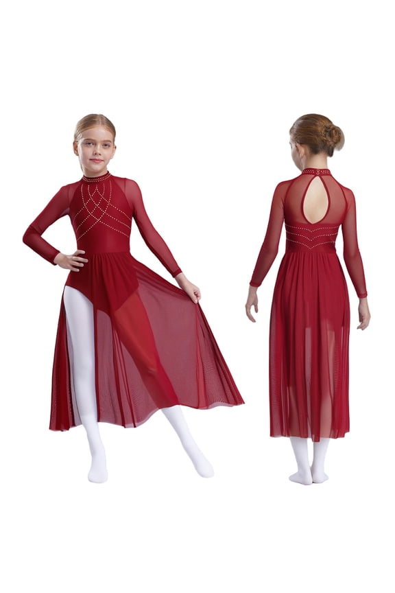 Kids Girls Jazz Latin Dance Performance Outfits Salsa Tango Tutu Dress Lyrical Dancewear Ballet Leotards Burgundy 8