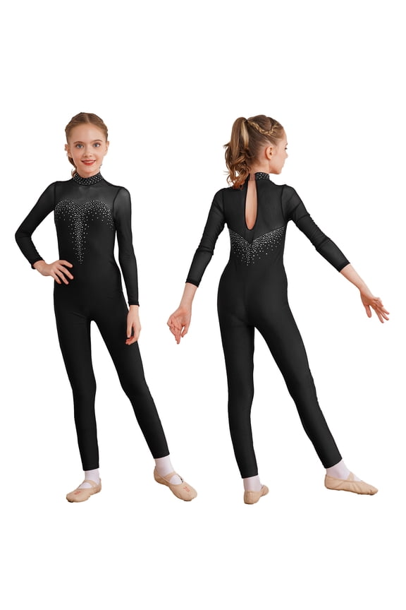 Kids Girls Long Sleeve Figure Skating Jumpsuit Costume Gymnastics Leotard Dance Bodysuit Unitards Black 8