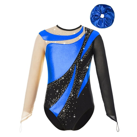 iixpin Kids Girls Long Sleeve Gymnastic Leotard One Piece Bodysuit with Hair Scrunchie Ballet Dance Outfit Set Dancewear Royal Blue 16