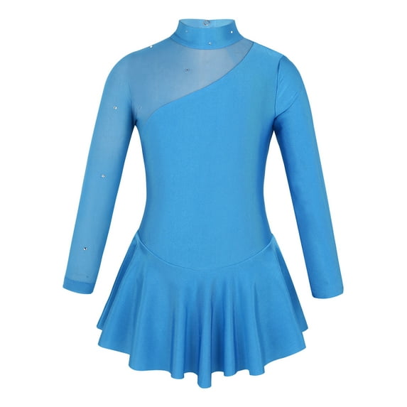 iixpin Kids Girls Long Sleeve Mock Neck Ballet Dance Dress Figure Ice Skating Skirted Leotard Dancewear Blue 10