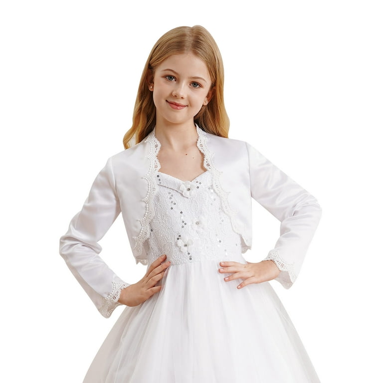 iixpin Kids Girls Long Sleeve White First Communion Bolero Shrug Satin Lace Open Front Cardigan White 10 Walmart