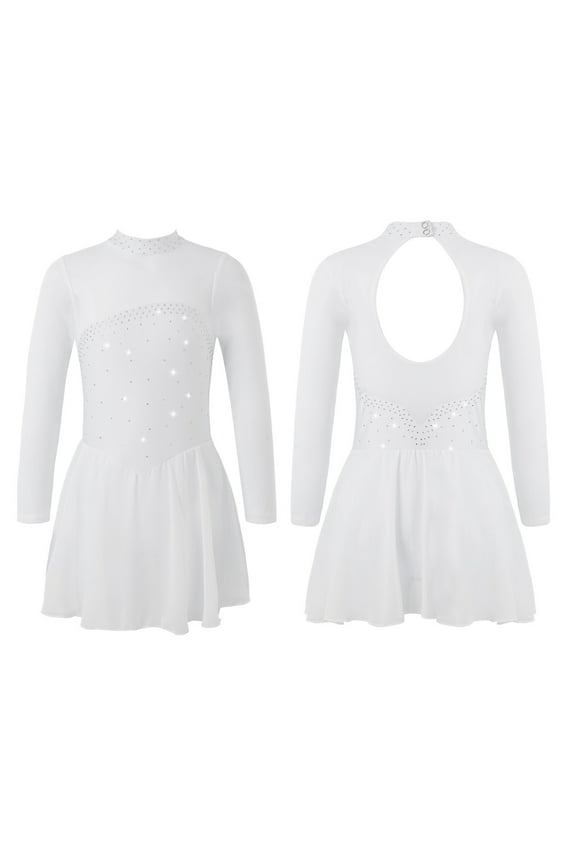 Kids Girls Long Sleeves Figure Ice Skating Dress Dance Ballet Gymnastics Leotard Competition Costume Dancewear White 10