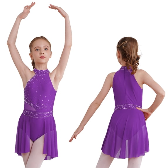 iixpin Kids Girls Lyrical Dance Dress Sleeveless High-Low Tutu Skirt Ballerina Costume Ballet Gymnastics Leotard Purple 12