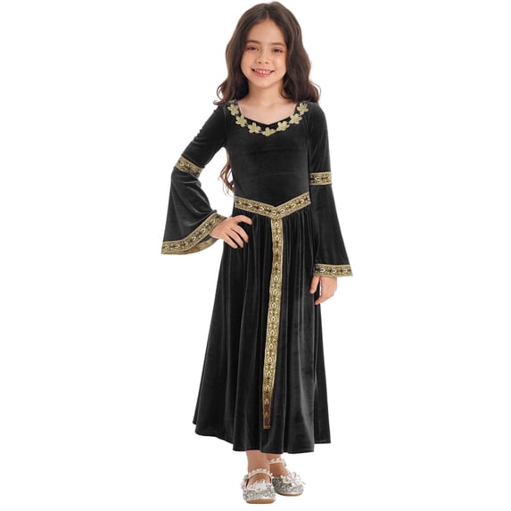 iixpin Kids Girls Medieval Victorian Maiden Halloween Dress-up Renaissance Princess Velvet Bell Sleeve Maxi Robe Dress Black 6