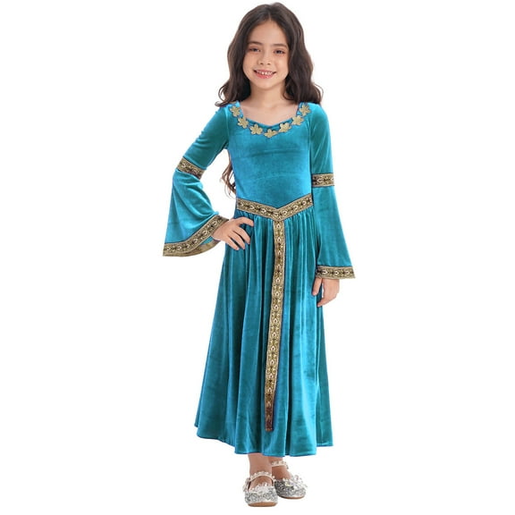 iixpin Kids Girls Medieval Victorian Maiden Halloween Dress-up Renaissance Princess Velvet Bell Sleeve Maxi Robe Dress Light Blue 16