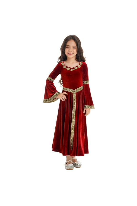 Kids Girls Medieval Victorian Maiden Halloween Dress-up Renaissance Princess Velvet Bell Sleeve Maxi Robe Dress Red 14