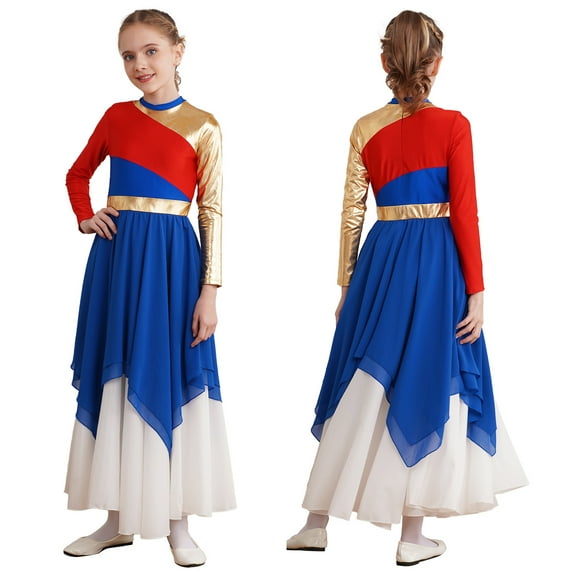 iixpin Kids Girls' Metallic Color Block Contemporary Praise Dance Dress Irregular Hem Worship Praisewear Royal Blue 10