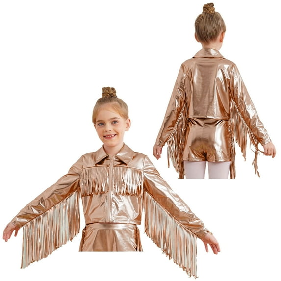 iixpin Kids Girls Metallic Fringe Bomber Jacket Outerwear Shiny Zipper Blazer Musical Party Performance Outfits Brown 16