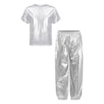 thumbnail image 1 of iixpin Kids Girls Metallic Jazz Dance Outfit Short Sleeve Sparkly T-shirt and Pants 2 Piece Hip Hop Dancewear Silver 3-4, 1 of 7