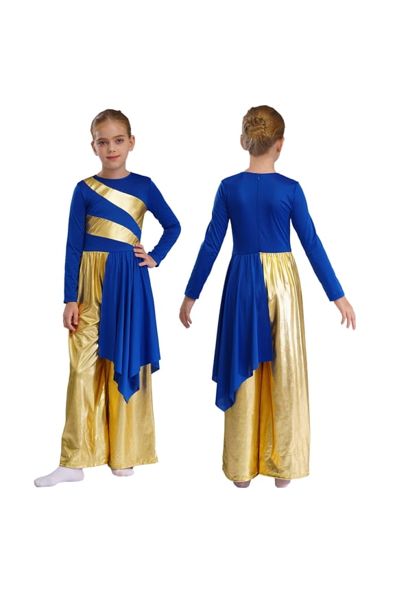 Kids Girls Metallic Long Sleeve Liturgical Lyrical Praise Dance Wide Leg Jumpsuit Worship Gown Robe Blue 12