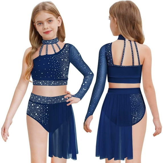iixpin Kids Girls Modern Lyrical Ballet Dance Outfit Shiny One Shoulder Crop Tops with Skirted Briefs Set Navy Blue 14