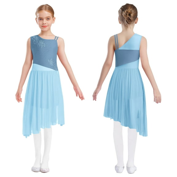 iixpin Kids Girls Modern Lyrical Dance Dress Shiny Latin Jazz Ballet Dance Performance Lyrical Outfit Light Blue 8