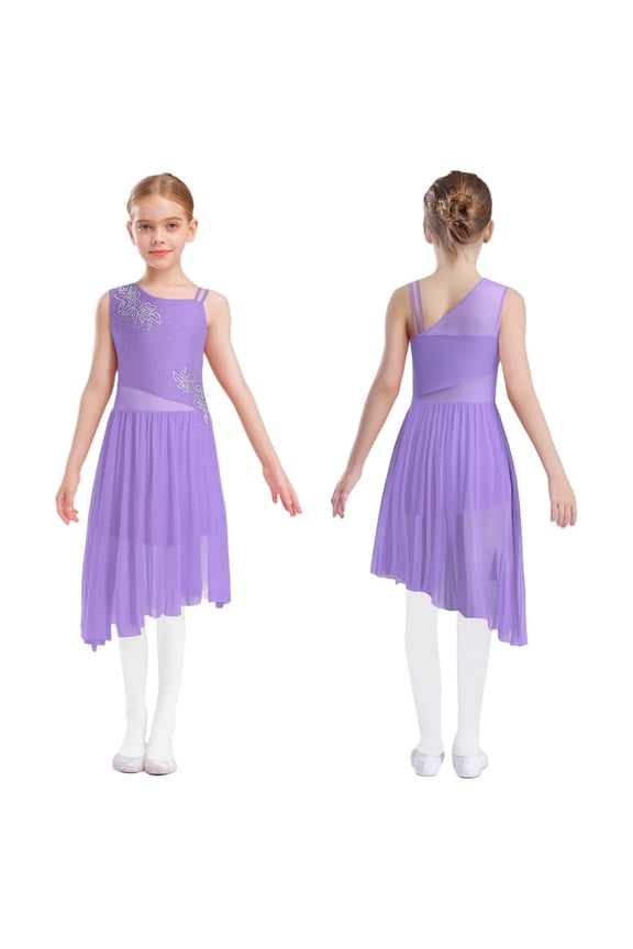 Kids Girls Modern Lyrical Dance Dress Shiny Latin Jazz Ballet Dance Performance Lyrical Outfit Light Purple 6