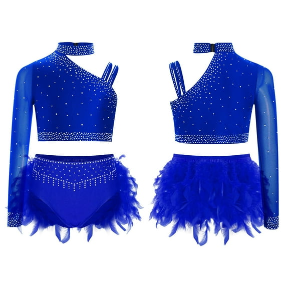iixpin Kids Girls Modern Lyrical Hip Hop Latin Jazz Ballet Dance Outfits Crop Tops with Feather Skirt Briefs Set Blue 12