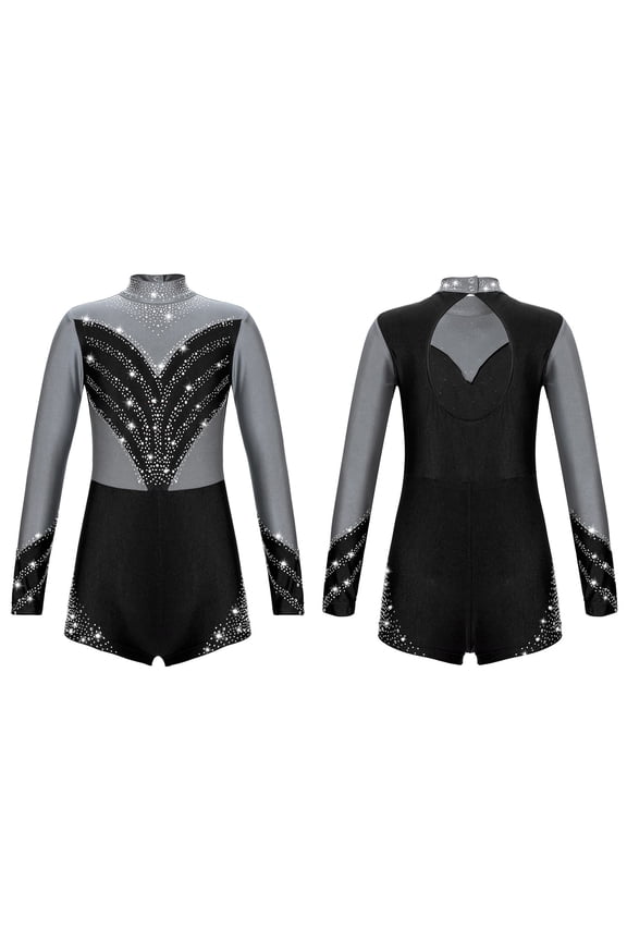 Kids Girls Rhinestone Ballet Dance Gymnastic Leotard Short Unitard Jumpsuit Figure Ice Skating Costume Silver Grey 10