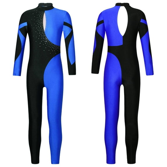 iixpin Kids Girls Rhinestone Dance Unitard Long Sleeve Skating Jumpsuit Gymnastics Bodysuit Full Length Dancewear Navy Blue 8