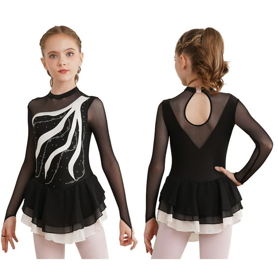 iixpin Kids Girls Rhinestone Figure Ice Skating Dress Long Sleeve Gymnastic Leotard Skirt Ballet Dancewear Costume White 12