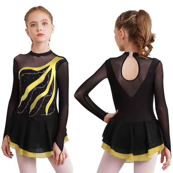 iixpin Kids Girls Rhinestone Figure Ice Skating Dress Long Sleeve Gymnastic Leotard Skirt Ballet Dancewear Costume Yellow 8