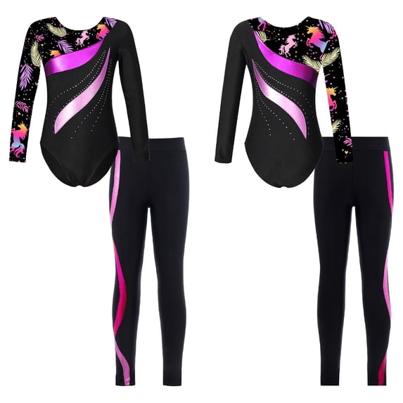 iixpin Kids Girls Rhinestone Long Sleeve Gymnastic Leotard with Athletic Leggings Dance Skating Costume Tracksuit Black&Hot Pink 6