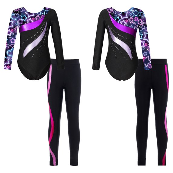 iixpin Kids Girls Rhinestone Long Sleeve Gymnastic Leotard with Athletic Leggings Dance Skating Costume Tracksuit Starry Black&Hot Pink 10