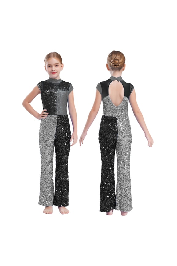 Kids Girls Sequin Dance Jumpsuit Jazz Hip Hop Disco Party Bodysuit Full Body Unitard Romper Leotard Black 16